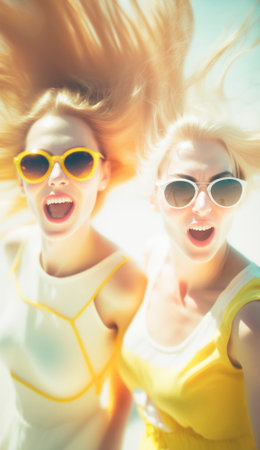 Woman is enjoying a sunny summer holiday. In a picturesque location in the summer sun The woman is dressed in a colorful outfit that complements her sun-kissed skin, and her radiant smile exudes happiness and relaxation. The perfect picture of a carefree vacation. AI generative illustrationの素材
