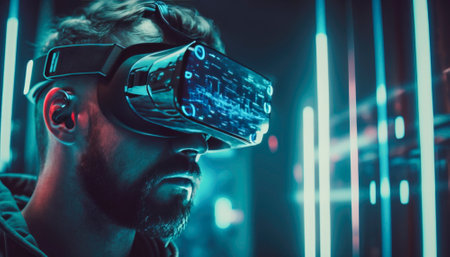 Stock photo, a futuristic gamer is fully immersed in a virtual reality game, wearing a sleek VR headset and gripping a high-tech game controller in their hands. The gamer's body language suggests intense focus and concentration as they navigate through in their sc-fi world. The image captures the excitement and potential of virtual reality gaming, offering a glimpse into a future where players can fully escape reality and become fully engrossed in a digital world of their own creation. AI generative illustrationの素材