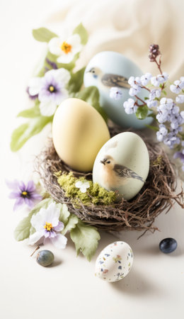 The photo features a vibrant and colorful Easter-themed image, with various symbols of the holiday. The bright and cheerful colors evoke a festive and joyous atmosphere, capturing the spirit of the springtime celebration. Overall, the photo exudes a sense of happiness and excitement that is synonymous with the Easter holiday.. AI generative illustrationの素材