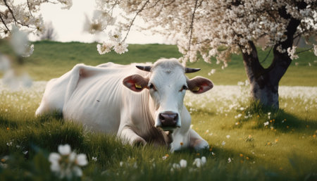 The essence of spring and nature visualized by morning sunshine on a bright day in April with colorful blooming flowers. AI generative illustrationの素材