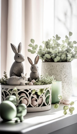 The photo features a vibrant and colorful Easter-themed image, with various symbols of the holiday. The bright and cheerful colors evoke a festive and joyous atmosphere, capturing the spirit of the springtime celebration. Overall, the photo exudes a sense of happiness and excitement that is synonymous with the Easter holiday.. AI generative illustrationの素材
