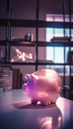 A cute pink piggy bank stands alone in a dimly lit room, symbolizing the concept of economy savings. Its cute appearance contrasts with the moody light, highlighting the importance of financial responsibility in a sometimes gloomy world. AI generative illustrationの素材