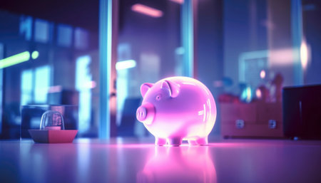 A cute pink piggy bank stands alone in a dimly lit room, symbolizing the concept of economy savings. Its cute appearance contrasts with the moody light, highlighting the importance of financial responsibility in a sometimes gloomy world. AI generative illustrationの素材