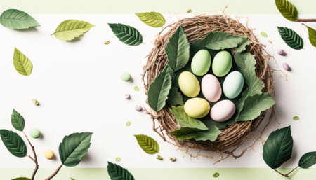 The photo features a vibrant and colorful Easter-themed image, with various symbols of the holiday. The bright and cheerful colors evoke a festive and joyous atmosphere, capturing the spirit of the springtime celebration. Overall, the photo exudes a sense of happiness and excitement that is synonymous with the Easter holiday.. AI generative illustrationの素材