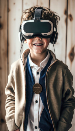 Stock photo, a futuristic gamer is fully immersed in a virtual reality game, wearing a sleek VR headset and gripping a high-tech game controller in their hands. The gamer's body language suggests intense focus and concentration as they navigate through in their sc-fi world. The image captures the excitement and potential of virtual reality gaming, offering a glimpse into a future where players can fully escape reality and become fully engrossed in a digital world of their own creation. AI generative illustrationの素材