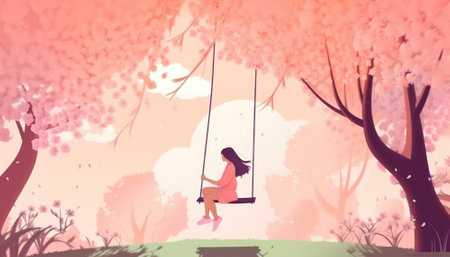 Illustration of kids playing in the spring. The overall ambiance is joyous and happy, evoking a sense of renewal and freshness. AI generative illustrationの素材