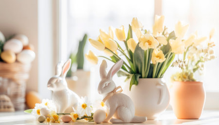 The photo features a vibrant and colorful Easter-themed image, with various symbols of the holiday. The bright and cheerful colors evoke a festive and joyous atmosphere, capturing the spirit of the springtime celebration. Overall, the photo exudes a sense of happiness and excitement that is synonymous with the Easter holiday.. AI generative illustrationの素材