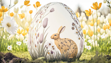 The photo features a vibrant and colorful Easter-themed image, with various symbols of the holiday. The bright and cheerful colors evoke a festive and joyous atmosphere, capturing the spirit of the springtime celebration. Overall, the photo exudes a sense of happiness and excitement that is synonymous with the Easter holiday.. AI generative illustrationの素材