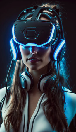 Stock photo, a futuristic gamer is fully immersed in a virtual reality game, wearing a sleek VR headset and gripping a high-tech game controller in their hands. The gamer's body language suggests intense focus and concentration as they navigate through in their sc-fi world. The image captures the excitement and potential of virtual reality gaming, offering a glimpse into a future where players can fully escape reality and become fully engrossed in a digital world of their own creation. AI generative illustrationの素材