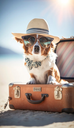 Happy dog sits on a sunny beach, sporting a stylish hat and sunglasses. The sandy shore stretches out behind him, and the crystal blue water glistens in the background. The dog's tongue lolls out happily, as he seems to be thoroughly enjoying his summer vacation. Overall, the image captures the perfect balance of relaxation, fun, and style that a great travel vacation can offer. AI generative illustrationの素材