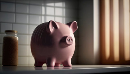 A cute pink piggy bank stands alone in a dimly lit room, symbolizing the concept of economy savings. Its cute appearance contrasts with the moody light, highlighting the importance of financial responsibility in a sometimes gloomy world. AI generative illustrationの素材