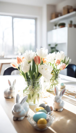 The photo features a vibrant and colorful Easter-themed image, with various symbols of the holiday. The bright and cheerful colors evoke a festive and joyous atmosphere, capturing the spirit of the springtime celebration. Overall, the photo exudes a sense of happiness and excitement that is synonymous with the Easter holiday.. AI generative illustrationの素材