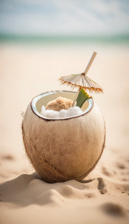 Perfect summer holiday on a tropical island, with bright blue skies, lush green palm trees, and white sandy beaches. The vibrant colors and warm sunshine evoke a sense of relaxation and adventure, making it an ideal destination for anyone seeking an escape from the daily grind. Generative AI illustration.の素材