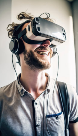 Stock photo, a futuristic gamer is fully immersed in a virtual reality game, wearing a sleek VR headset and gripping a high-tech game controller in their hands. The gamer's body language suggests intense focus and concentration as they navigate through in their sc-fi world. The image captures the excitement and potential of virtual reality gaming, offering a glimpse into a future where players can fully escape reality and become fully engrossed in a digital world of their own creation. AI generative illustrationの素材