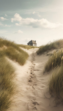 Dune landscape set against the Danish coast during summer. The photo captures the essence of the season with lyme grass sprouting up amidst the rolling sand dunes. The natural beauty and serenity of the location are sure to inspire and captivate viewers. AI generative illustrationの素材