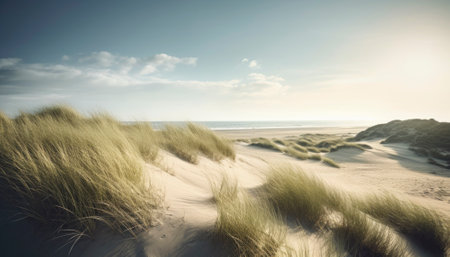 Dune landscape set against the Danish coast during summer. The photo captures the essence of the season with lyme grass sprouting up amidst the rolling sand dunes. The natural beauty and serenity of the location are sure to inspire and captivate viewers. AI generative illustrationの素材