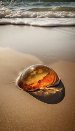 Amber stone, golden and smooth, lies on the sandy beach of Denmark, caressed by the shallow waves of the coastline. The summer sun illuminates the scene, casting a warm glow on the tranquil moment captured in the stock photo. AI generative illustrationの素材