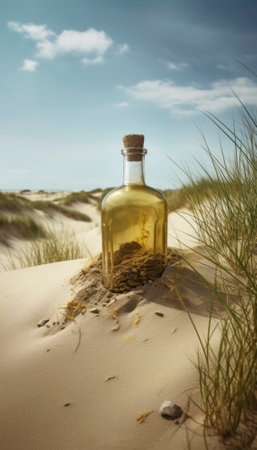 Dune landscape set against the Danish coast during summer. The photo captures the essence of the season with lyme grass sprouting up amidst the rolling sand dunes. The natural beauty and serenity of the location are sure to inspire and captivate viewers. AI generative illustrationの素材