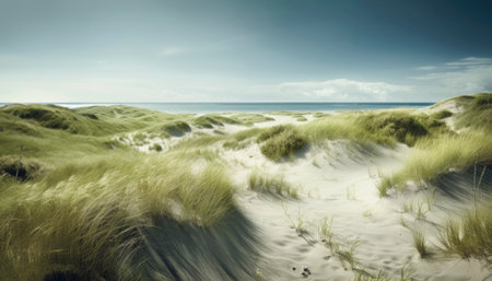 Dune landscape set against the Danish coast during summer. The photo captures the essence of the season with lyme grass sprouting up amidst the rolling sand dunes. The natural beauty and serenity of the location are sure to inspire and captivate viewers. AI generative illustrationの素材