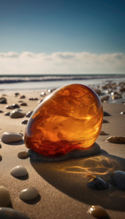 Amber stone, golden and smooth, lies on the sandy beach of Denmark, caressed by the shallow waves of the coastline. The summer sun illuminates the scene, casting a warm glow on the tranquil moment captured in the stock photo. AI generative illustrationの素材