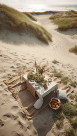 Dune landscape set against the Danish coast during summer. The photo captures the essence of the season with lyme grass sprouting up amidst the rolling sand dunes. The natural beauty and serenity of the location are sure to inspire and captivate viewers. AI generative illustrationの素材