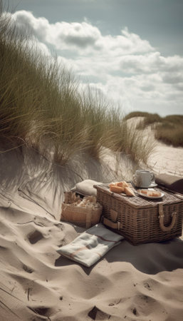 Dune landscape set against the Danish coast during summer. The photo captures the essence of the season with lyme grass sprouting up amidst the rolling sand dunes. The natural beauty and serenity of the location are sure to inspire and captivate viewers. AI generative illustrationの素材