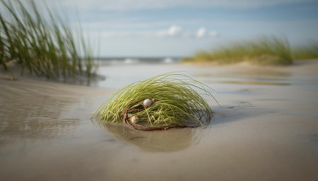 Beauty of the Danish coastline in the summertime. The sandy shore with classic nordic beach elements completes this beautiful scene. AI generative illustrationの素材