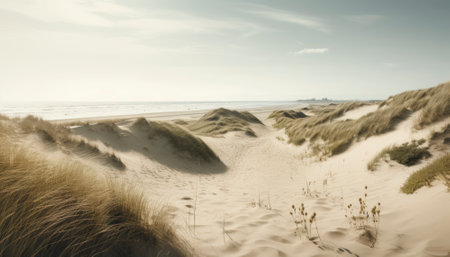 Dune landscape set against the Danish coast during summer. The photo captures the essence of the season with lyme grass sprouting up amidst the rolling sand dunes. The natural beauty and serenity of the location are sure to inspire and captivate viewers. AI generative illustrationの素材