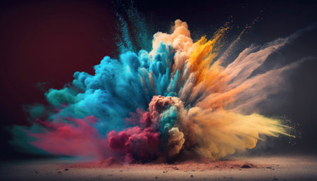 Paint explosion of vibrant colors on a dark background. Splashes of red, blue, green, and yellow intertwine in a mesmerizing display, resembling a fiery explosion frozen in time. The dark background highlights the explosion's intensity, making the colors pop and create an eye-catching image. AI generative illustrationの素材