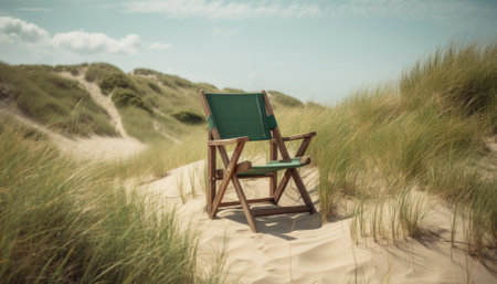 Dune landscape set against the Danish coast during summer. The photo captures the essence of the season with lyme grass sprouting up amidst the rolling sand dunes. The natural beauty and serenity of the location are sure to inspire and captivate viewers. AI generative illustrationの素材