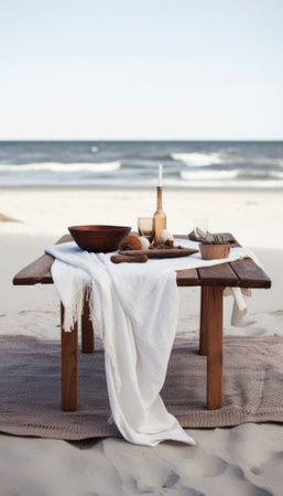 Beauty of the Danish coastline in the summertime. The sandy shore with classic nordic beach elements completes this beautiful scene. AI generative illustrationの素材