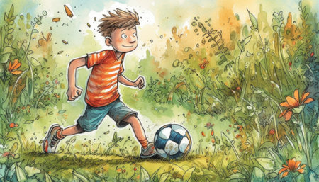 Charming childhood illustration with bright colors and a wonderful children's book style. The playful imagery captures the innocence and wonder of youth, evoking feelings of nostalgia and joy. Perfect for any project that celebrates the magic of childhood. AI generative imageの素材