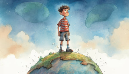 Charming childhood illustration with bright colors and a wonderful children's book style. The playful imagery captures the innocence and wonder of youth, evoking feelings of nostalgia and joy. Perfect for any project that celebrates the magic of childhood. AI generative imageの素材
