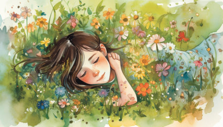 Charming childhood illustration with bright colors and a wonderful children's book style. The playful imagery captures the innocence and wonder of youth, evoking feelings of nostalgia and joy. Perfect for any project that celebrates the magic of childhood. AI generative imageの素材