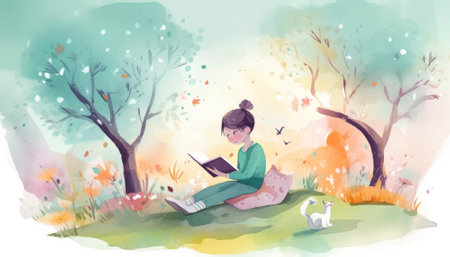 Charming childhood illustration with bright colors and a wonderful children's book style. The playful imagery captures the innocence and wonder of youth, evoking feelings of nostalgia and joy. Perfect for any project that celebrates the magic of childhood. AI generative imageの素材
