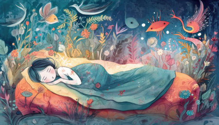 Charming childhood illustration with bright colors and a wonderful children's book style. The playful imagery captures the innocence and wonder of youth, evoking feelings of nostalgia and joy. Perfect for any project that celebrates the magic of childhood. AI generative imageの素材