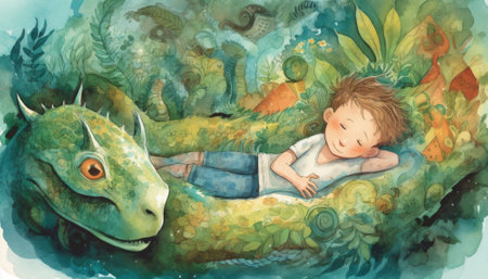 Charming childhood illustration with bright colors and a wonderful children's book style. The playful imagery captures the innocence and wonder of youth, evoking feelings of nostalgia and joy. Perfect for any project that celebrates the magic of childhood. AI generative imageの素材