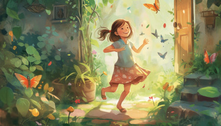Charming childhood illustration with bright colors and a wonderful children's book style. The playful imagery captures the innocence and wonder of youth, evoking feelings of nostalgia and joy. Perfect for any project that celebrates the magic of childhood. AI generative imageの素材