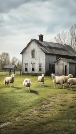 Concept of agriculture and farming in a serene rural setting. The clear blue sky and the peaceful surroundings evoke a sense of harmony with nature and the simplicity of rural life. AI generative imageの素材