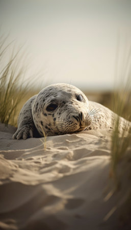 Seal resting on a sandy dune with lyme grass surrounding it. The beautiful coastal scenery of Denmark provides the perfect backdrop for the peaceful moment captured in the image. AI generative imageの素材