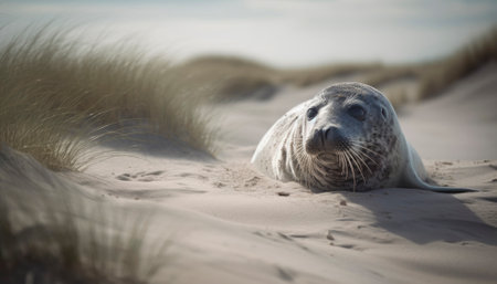 Seal resting on a sandy dune with lyme grass surrounding it. The beautiful coastal scenery of Denmark provides the perfect backdrop for the peaceful moment captured in the image. AI generative imageの素材