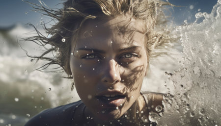 Woman defies the cold sea as she swims through crashing waves, with the salty ocean spray misting around her. The powerful and wild ocean creates a dramatic backdrop for her solitary swim. AI generative imageの素材