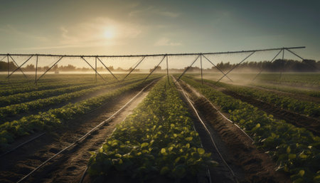 Concept of agriculture and farming in a serene rural setting. The clear blue sky and the peaceful surroundings evoke a sense of harmony with nature and the simplicity of rural life. AI generative imageの素材
