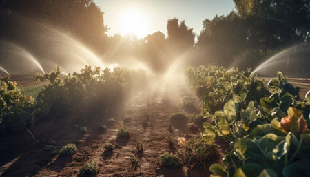 Concept of agriculture and farming in a serene rural setting. The clear blue sky and the peaceful surroundings evoke a sense of harmony with nature and the simplicity of rural life. AI generative imageの素材