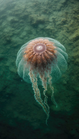 Jellyfish gracefully gliding through the deep blue sea. Their long, trailing tentacles delicately dance behind them, creating an ethereal and mesmerizing scene. AI generative imageの素材