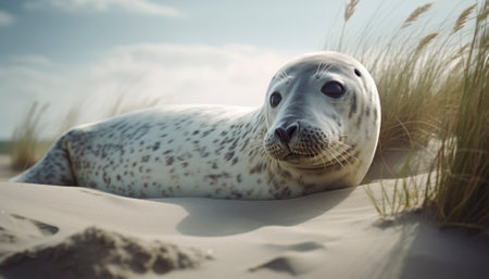 Seal resting on a sandy dune with lyme grass surrounding it. The beautiful coastal scenery of Denmark provides the perfect backdrop for the peaceful moment captured in the image. AI generative imageの素材