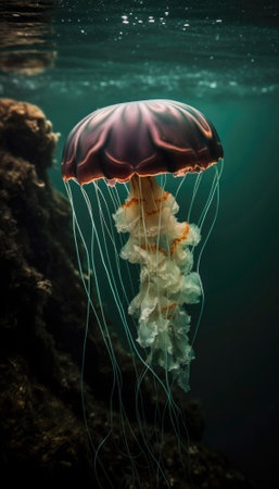 Jellyfish gracefully gliding through the deep blue sea. Their long, trailing tentacles delicately dance behind them, creating an ethereal and mesmerizing scene. AI generative imageの素材
