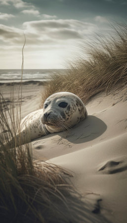 Seal resting on a sandy dune with lyme grass surrounding it. The beautiful coastal scenery of Denmark provides the perfect backdrop for the peaceful moment captured in the image. AI generative imageの素材