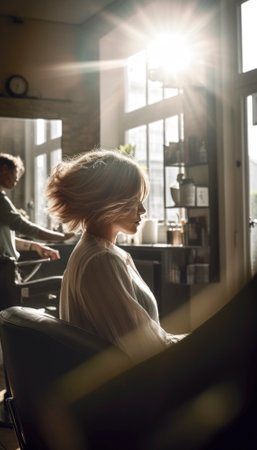 Hairdresser in a modern hair salon. The salon has an authentic hairt salon mood and the atmosphere exudes professionalism and style. AI generative imageの素材