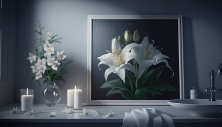 Wellness ornament in a bathroom, surrounded by lily flowers and illuminated by dim lighting. The serene atmosphere conveys a sense of relaxation and self-care, encouraging viewers to take time for themselves and prioritize their well-being. AI generative imageの素材